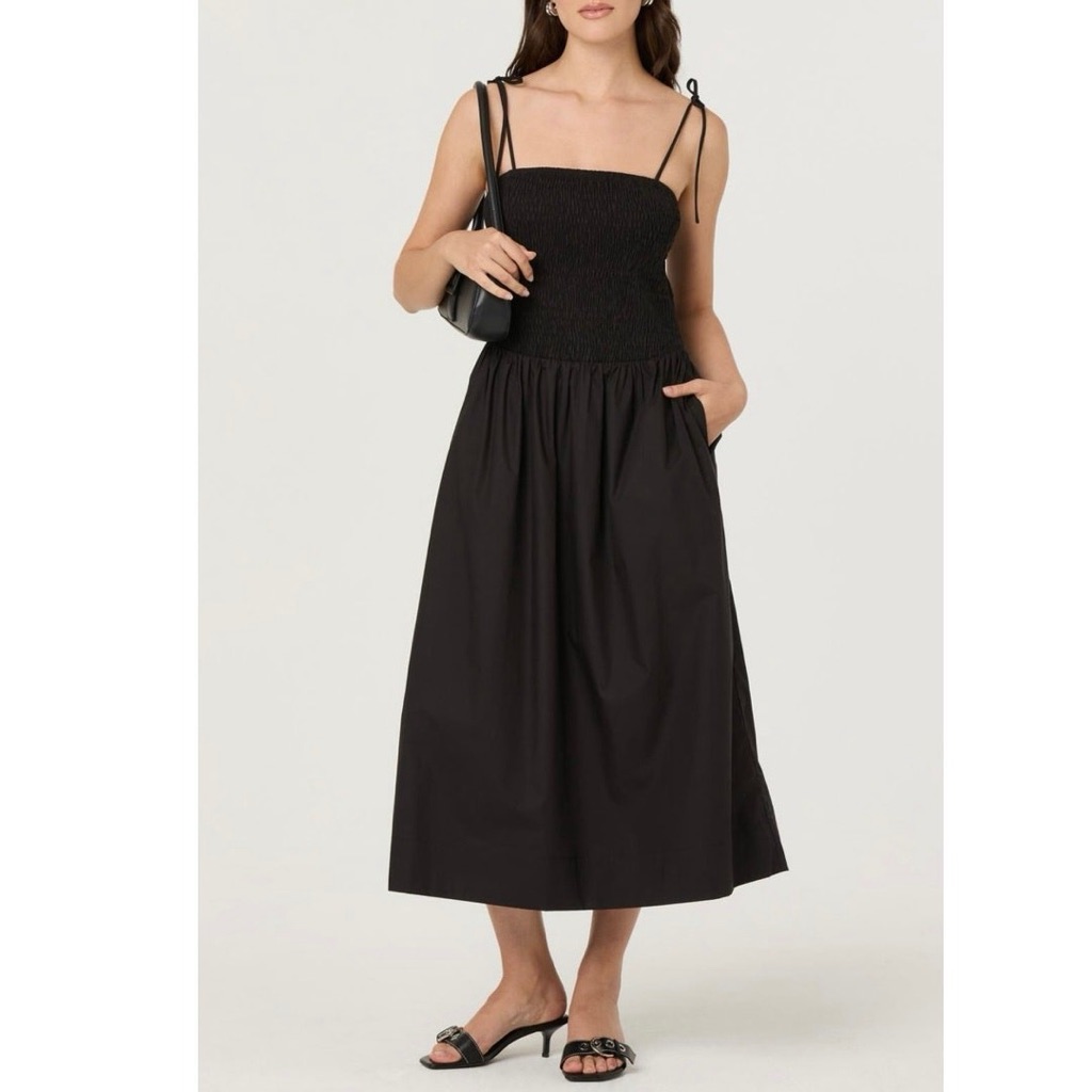 Astr The Label Drop Waist Smocked Cotton Midi Dress Black